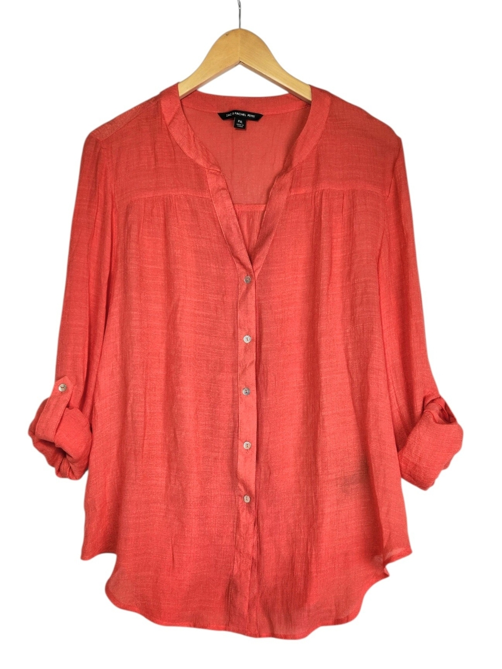 Zac & Rachel Petite XL Blouse Coral Button Front Roll Tab Sleeve Relaxed PXL